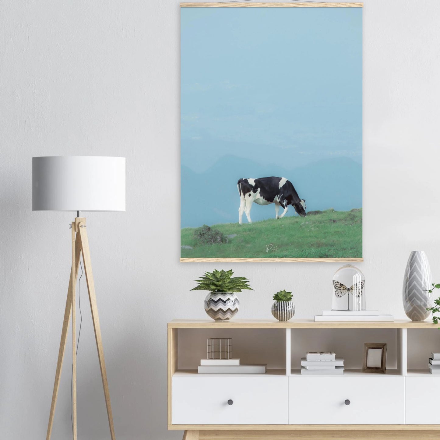 A Moment of Grazing - Japanese Cow & Plateau Poster | Nature Wall Art