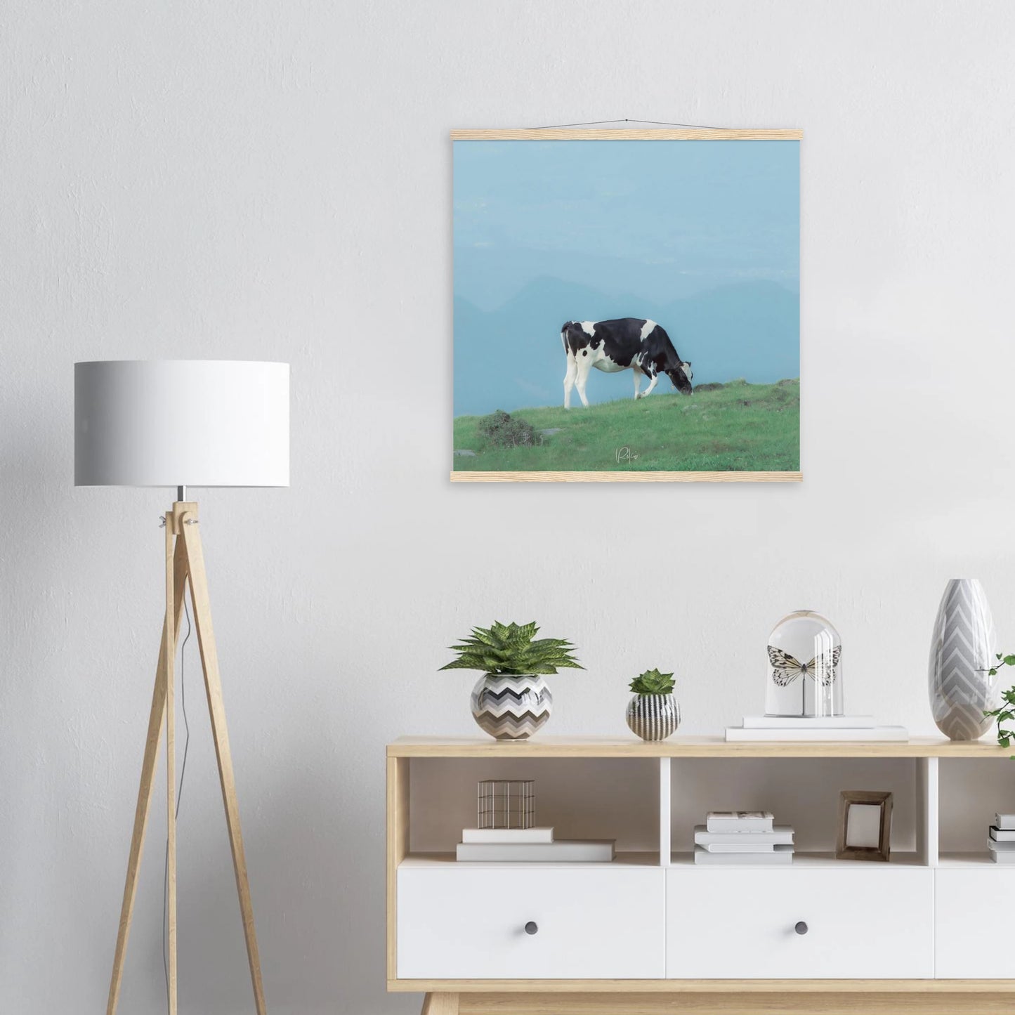 A Moment of Grazing - Japanese Cow & Plateau Poster | Nature Wall Art