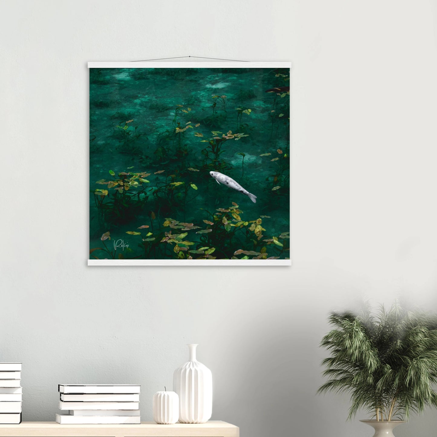 The Soundless Melody - Japanese Garden White Koi Poster | Nature Wall Art