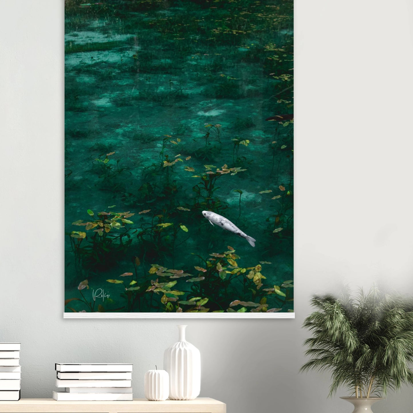 The Soundless Melody - Japanese Garden White Koi Poster | Nature Wall Art